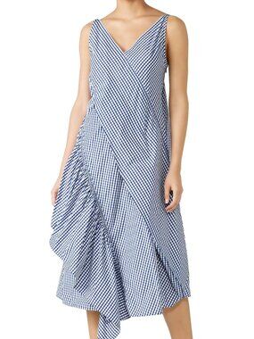 ADEAM Moga Picnic Midi Slip Dress Luxe Blue Gingham Breezy Sweet Draped Ruffles